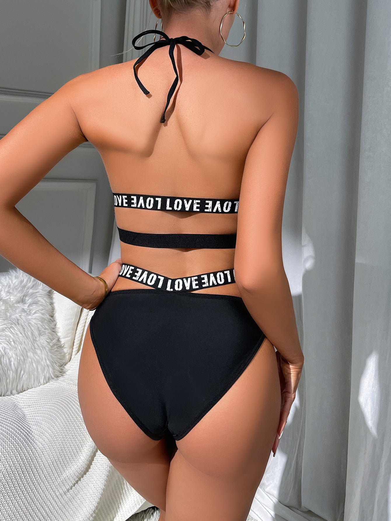 Sexy Hollow Out Cutout Backless Letter Graphic Strap Three Point Sexy Lingerie Set