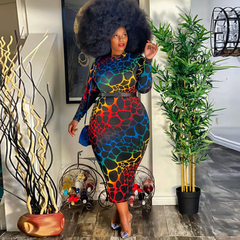 Plus Size Print Skinny Sheath Mid-Length Women Dress