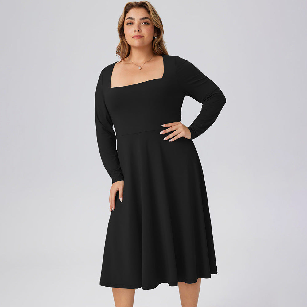 Plus Size Autumn Winter Women Square Collar Mid Length Waist Office Long Sleeve Dress
