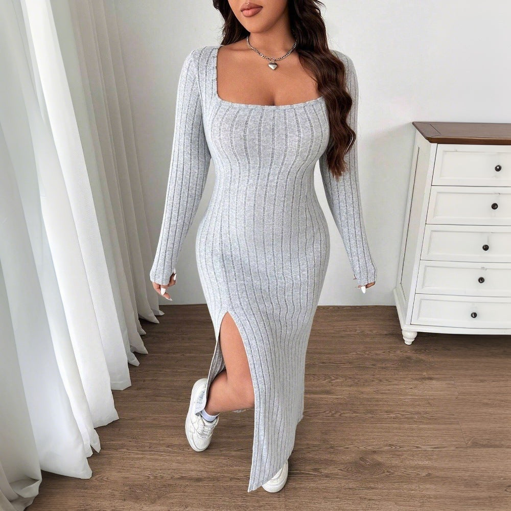 Plus Size Autumn Winter Women Simple Casual Dress Slim Fit Slit Midi Dress