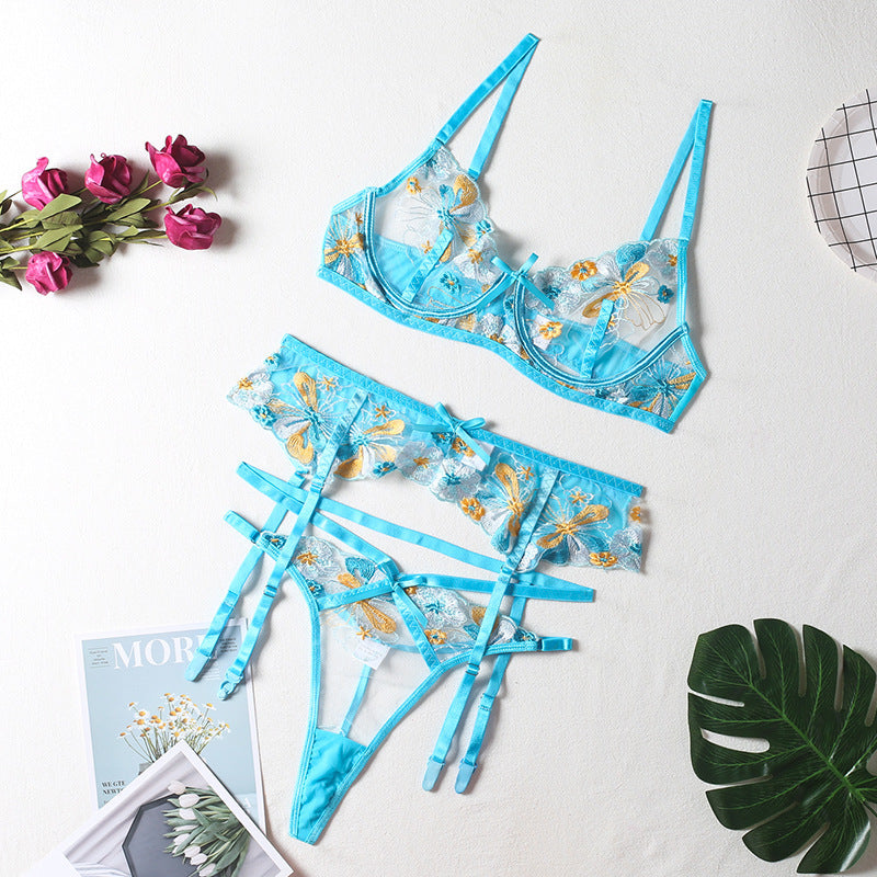 Sexy See-through Mesh Embroidered Printed Garter Three Piece Set Sexy Suit