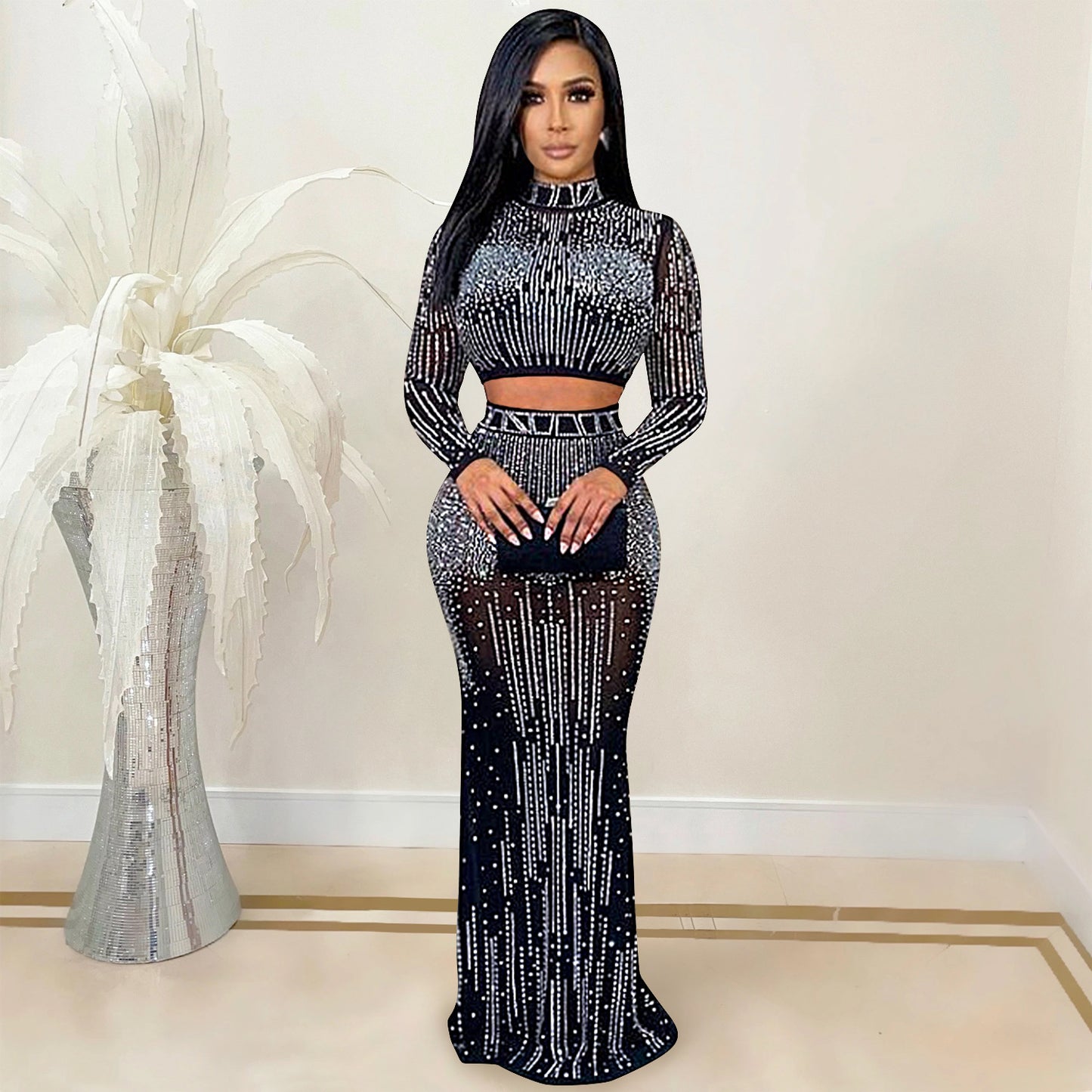 Sexy Nightclub Women Clothing Mesh See-through Long Sleeve Dress Two Piece Set