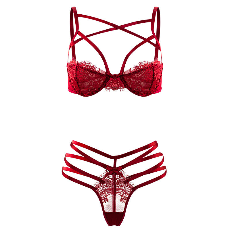 Sexy Thin Bra with a Thread T Back Cross Hollow Out Cutout Backless Lace Sexy Lingerie