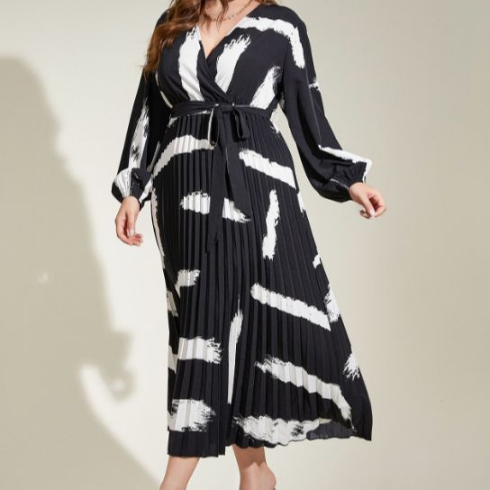 Plus Size Elegant V neck Pleated Women Dress