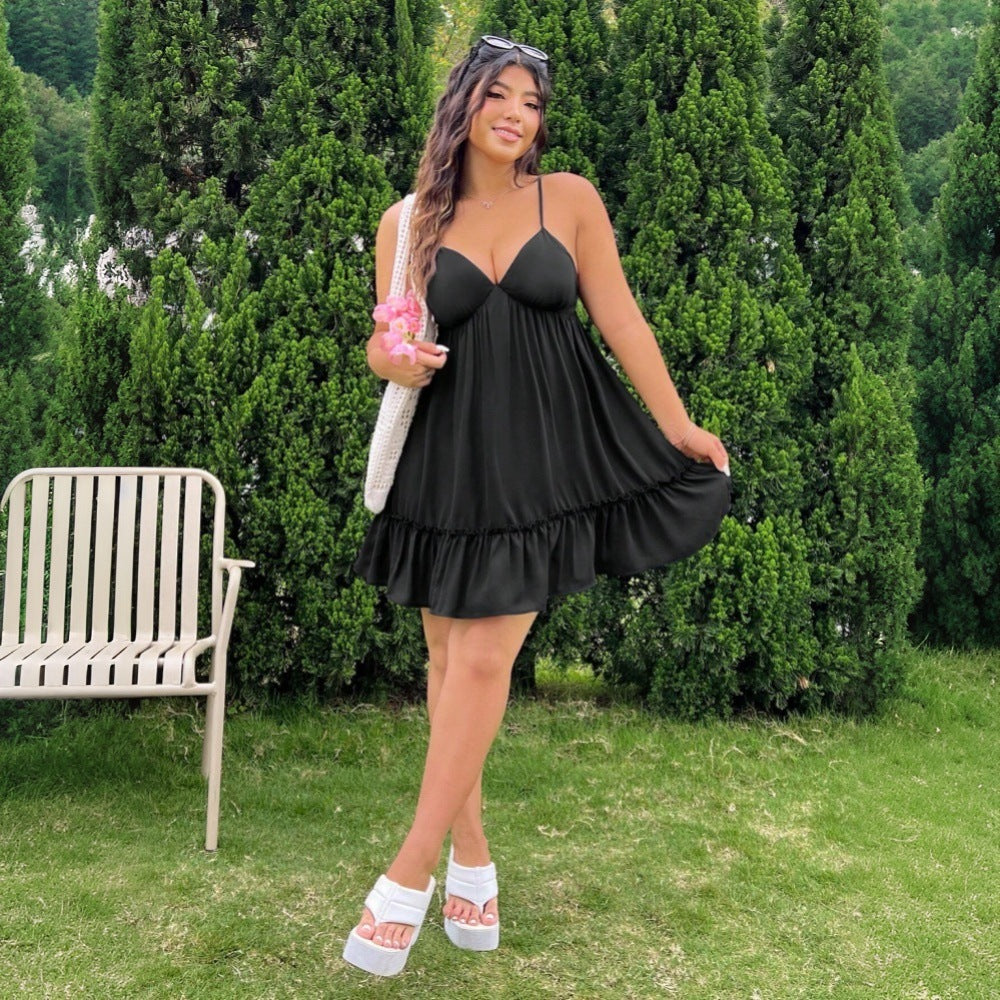 Plus Size Women Sexy Sling Dress Spring Summer High Waist Ruched Mid Length