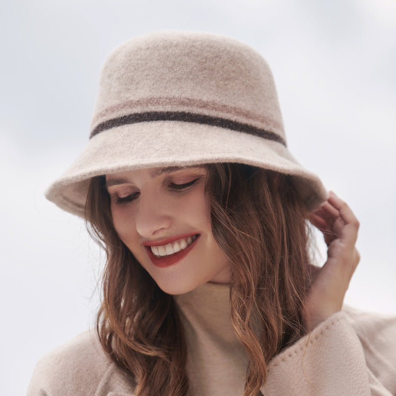 Wool Bucket Hat Autumn Winter Korean Wool Felt Cap Stripes Contrast Color British Warm Bowler Hat