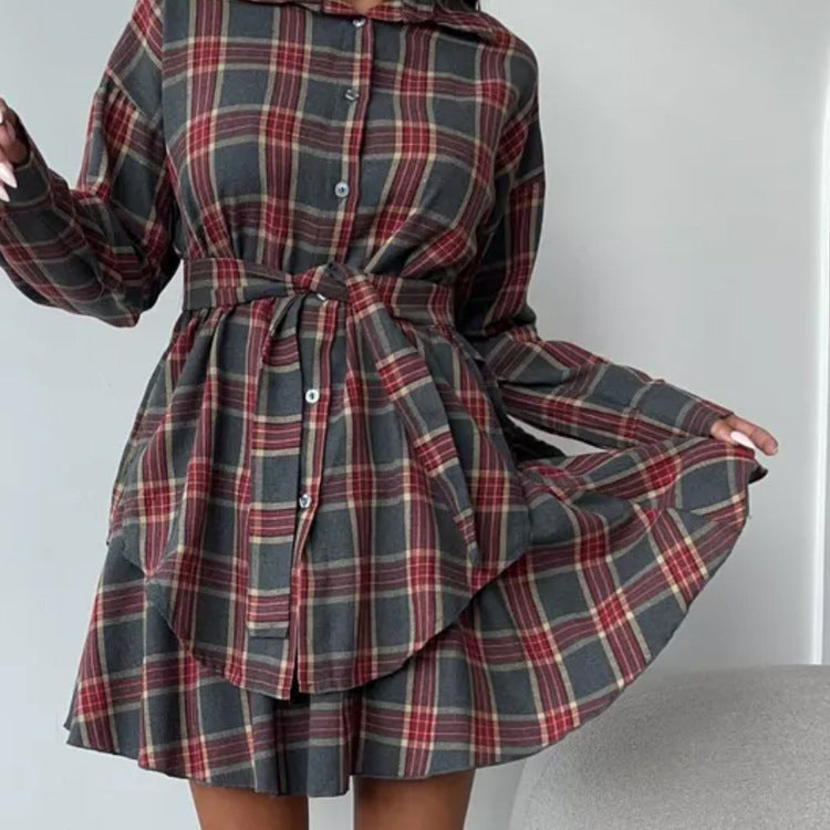 Casual Check Skirt Set Women Collared Loose Shirt Lace up Pleated Skirt Two Piece Set