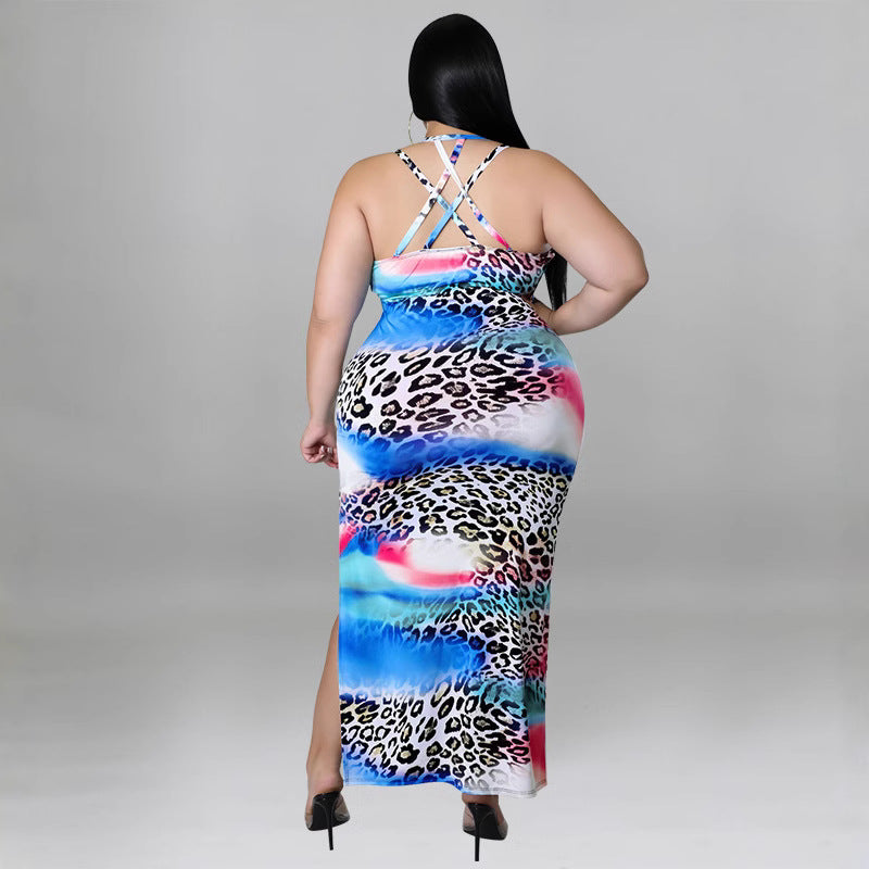 Plus Size Women Clothes Suspenders Sexy Rainbow Leopard Print Sheath Dress