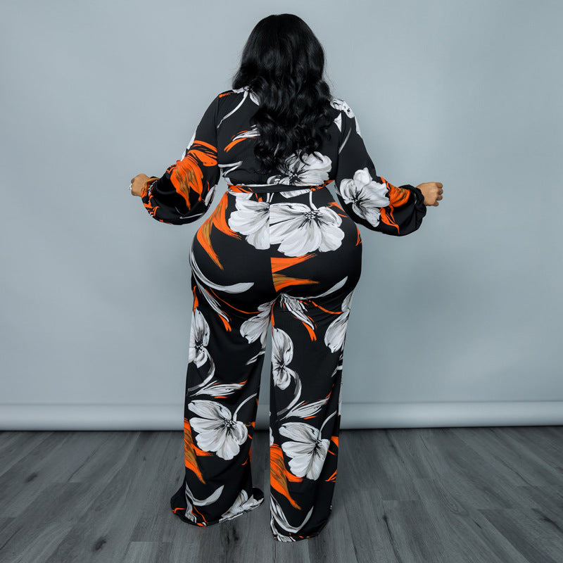 Plus Size Women Clothing Spring Bubble Sleeve Printed Jumpsuit