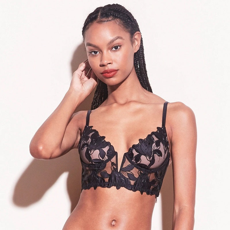 bralette Embroidery Sexy Bra Women Deep V Plunge Plunge Steel Ring Push up Accessary Breast Push up Ultra-Thin Yarn Bra Fleur