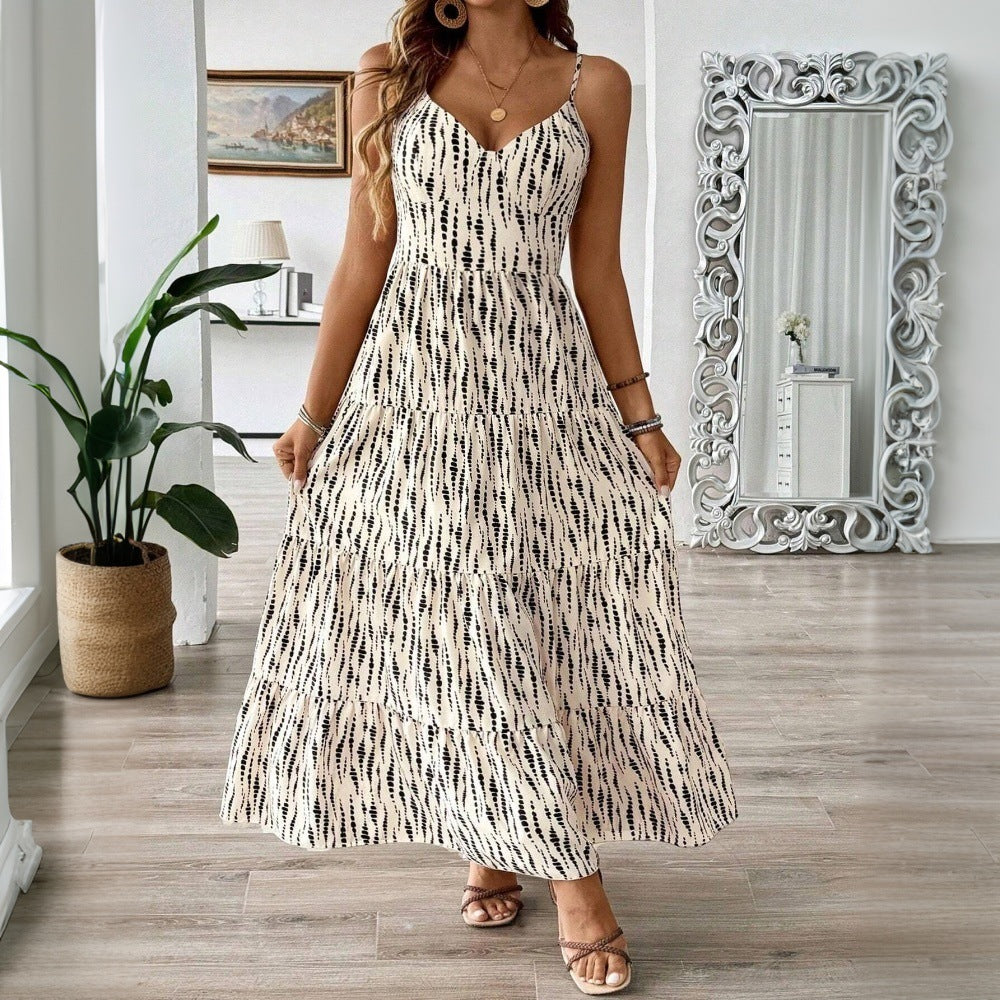 Plus Size Women Artistic Vacation Dress Spring Summer Striped Spaghetti Straps Beach Dress