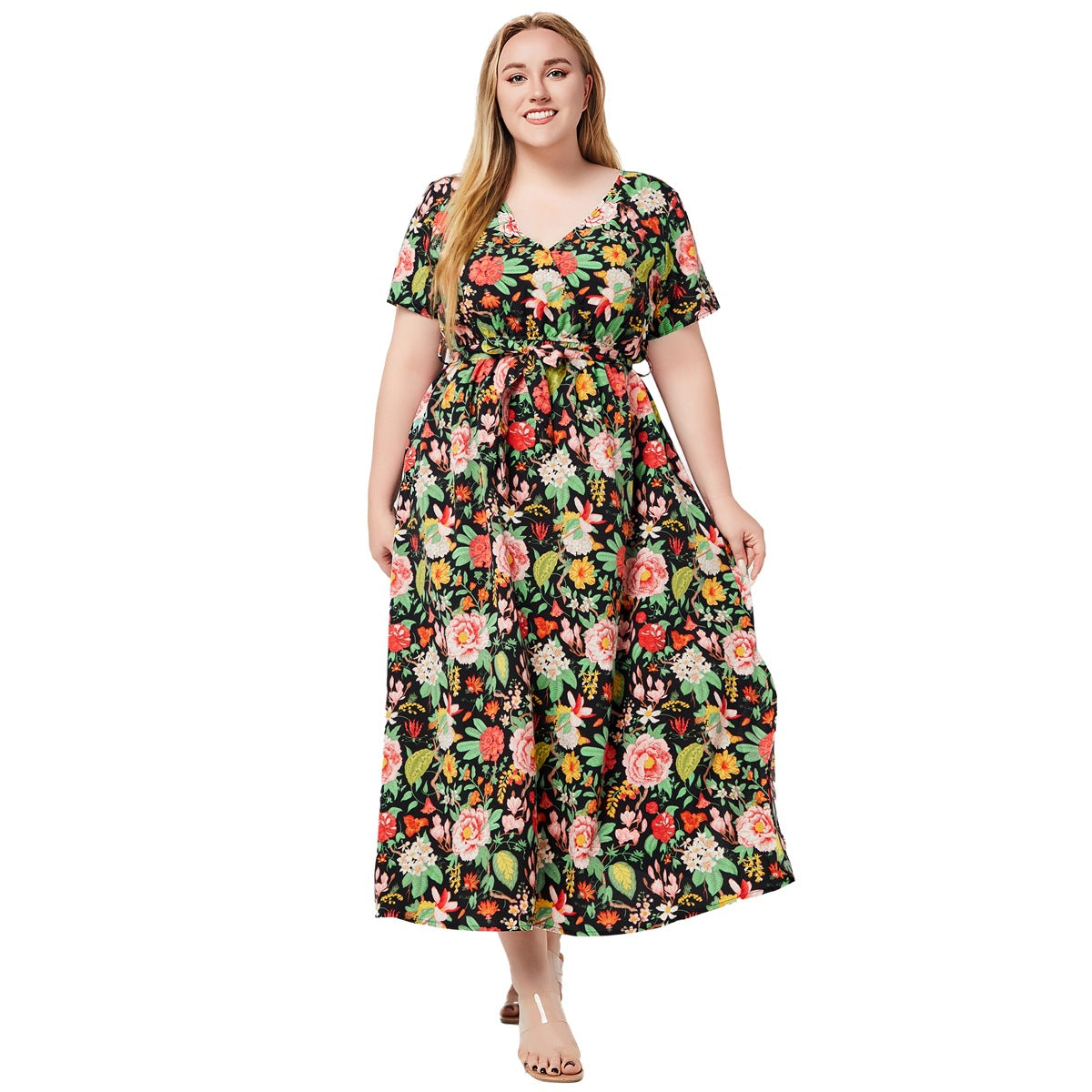 Plus Size Women Summer V Neck Short Sleeve Printed Large Swing Bohemian Dress
