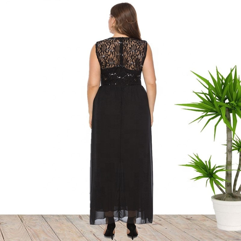 Plus Size Summer Women Clothes Sleeveless Sequin Lace Chiffon Stitching Dress