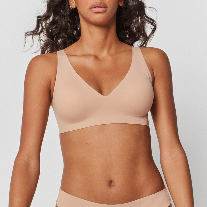 Seamless Underwear V neck Non Steel Ring Big Breast Detachable Chest Pad Thin Soft Support Comfortable Bra