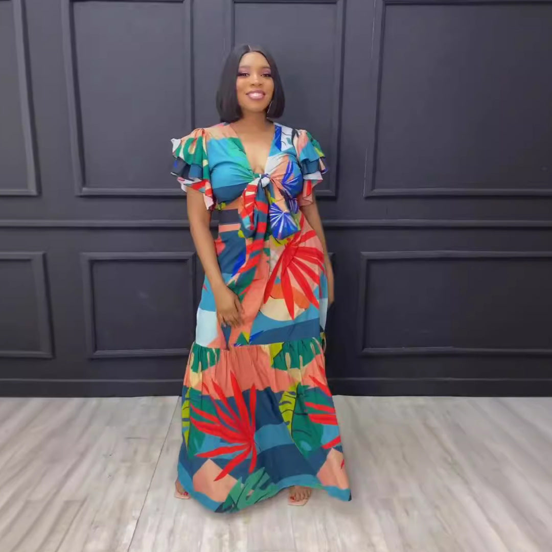 Sexy Printed Ruffled Strap Stitching Skirt Two Piece Set