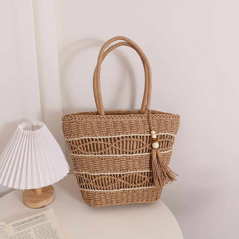 Hollow Out Cutout Shoulder Straw Bag Tassel Portable Straw Bag Woven Bag Vacation Beach Bag Women Bag