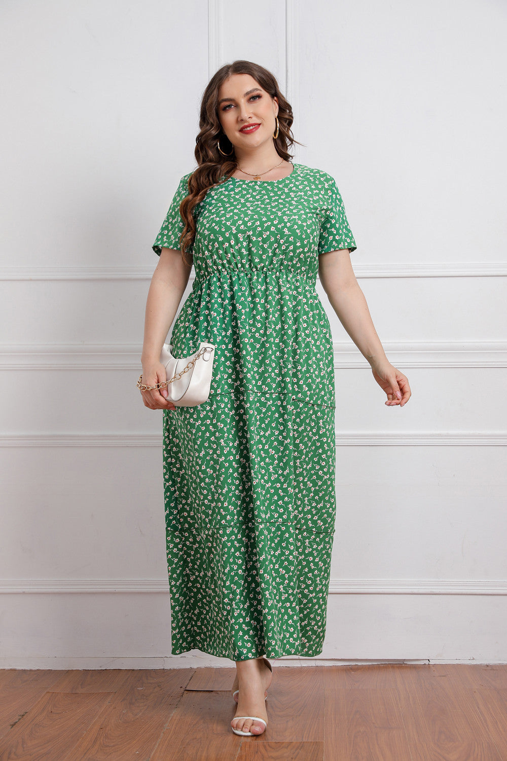 Plus Size Summer Women round Neck Girls Floral Short Sleeve Dress
