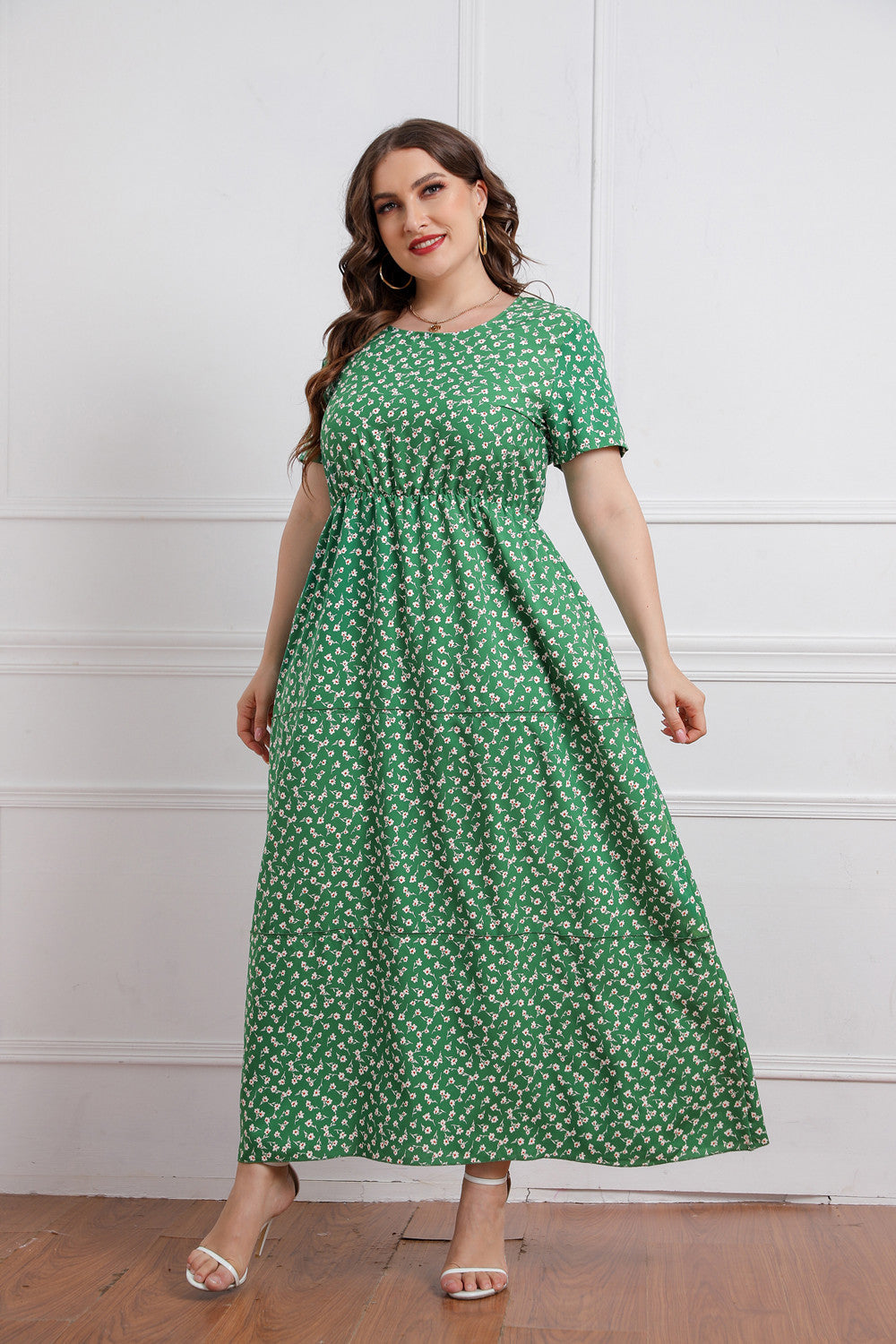 Plus Size Summer Women round Neck Girls Floral Short Sleeve Dress