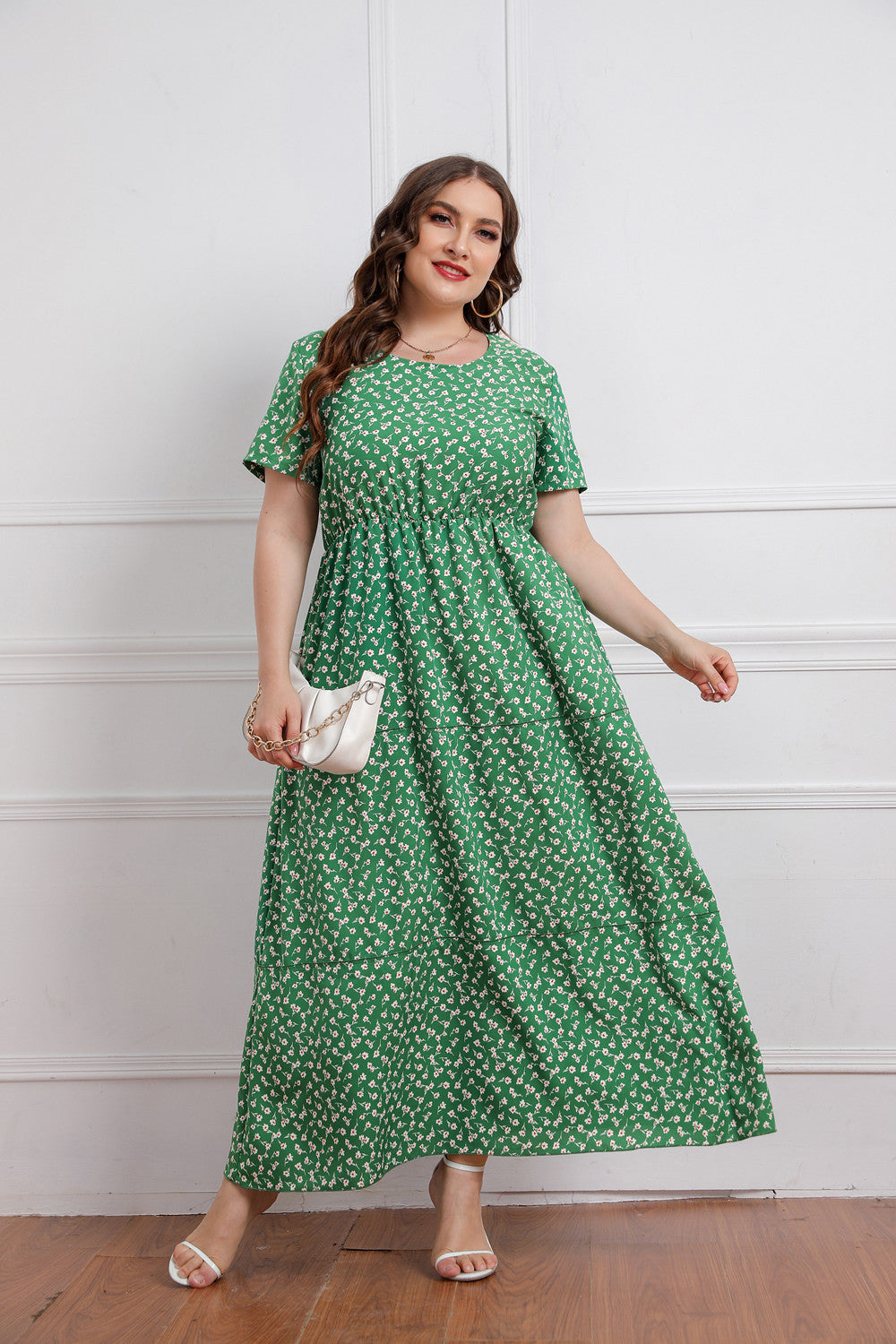 Plus Size Summer Women round Neck Girls Floral Short Sleeve Dress