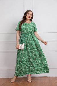Plus Size Summer Women round Neck Girls Floral Short Sleeve Dress