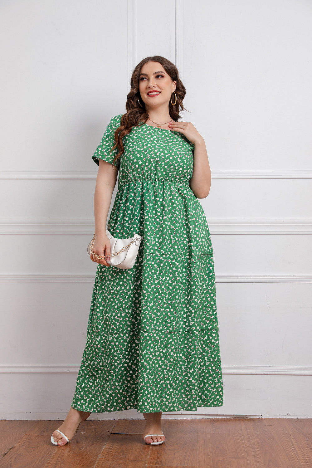 Plus Size Summer Women round Neck Girls Floral Short Sleeve Dress