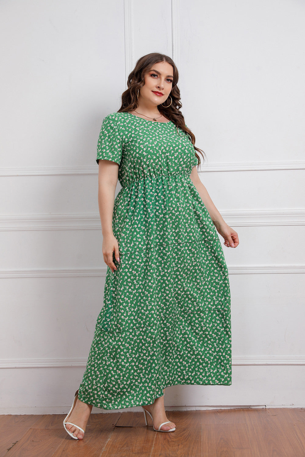 Plus Size Summer Women round Neck Girls Floral Short Sleeve Dress