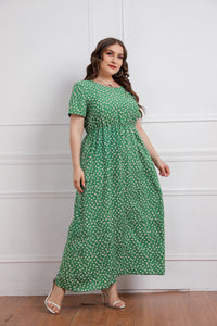 Plus Size Summer Women round Neck Girls Floral Short Sleeve Dress