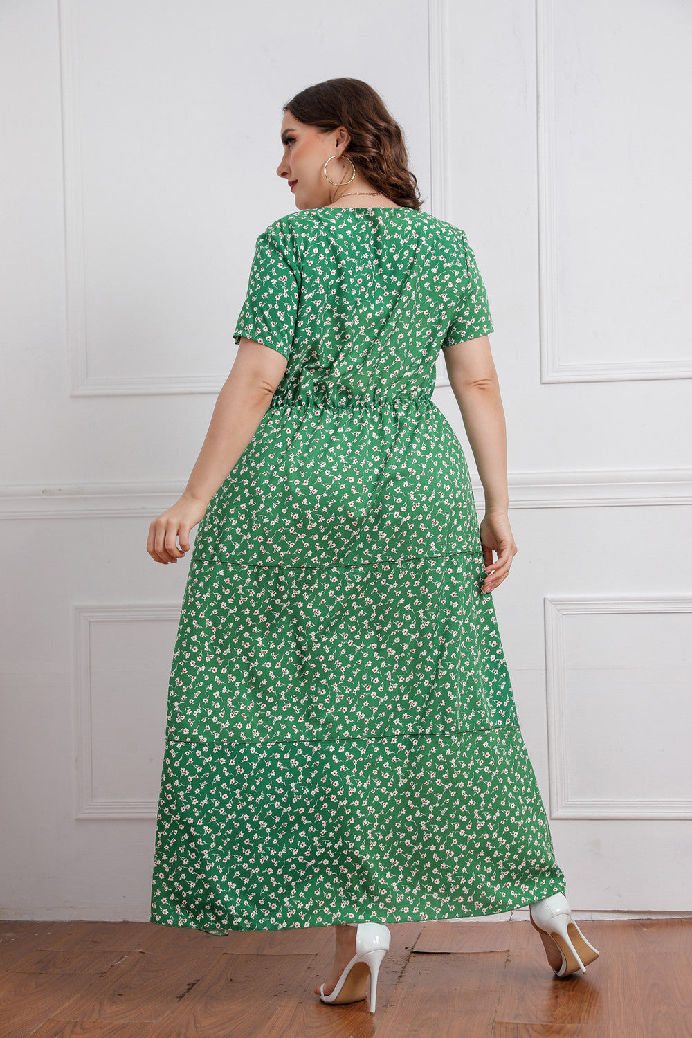 Plus Size Summer Women round Neck Girls Floral Short Sleeve Dress