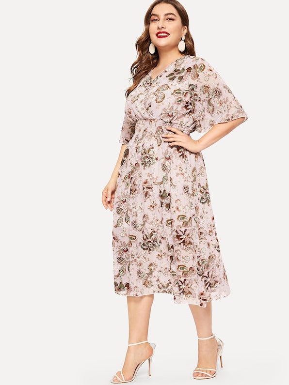 Plus Size Women Floral V neck Chiffon