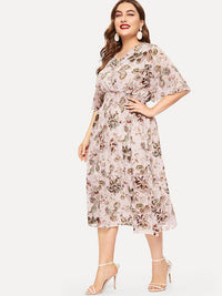 Plus Size Women Floral V neck Chiffon