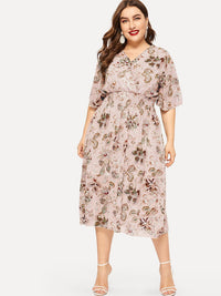 Plus Size Women Floral V neck Chiffon