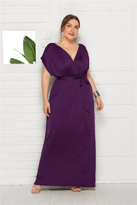 Plus Size Women Clothing Sexy Solid Color V-neck Loose Big Hem Dress