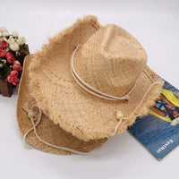 Fashionable Frayed Hem Wide Brim Cowboy Hat Raffia Straw Flanging Hat Seaside Sun Proof Solid Color Straw Hat