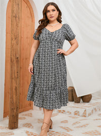 Plus Size Summer Short Sleeve Puff Sleeve Sweet A Line Ruffled Mid Length Dress