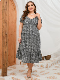 Plus Size Summer Short Sleeve Puff Sleeve Sweet A Line Ruffled Mid Length Dress