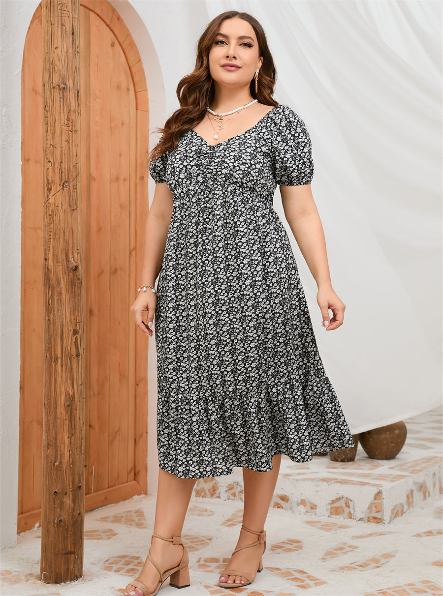 Plus Size Summer Short Sleeve Puff Sleeve Sweet A Line Ruffled Mid Length Dress
