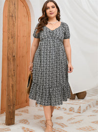 Plus Size Summer Short Sleeve Puff Sleeve Sweet A Line Ruffled Mid Length Dress
