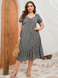 Plus Size Summer Short Sleeve Puff Sleeve Sweet A Line Ruffled Mid Length Dress