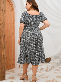Plus Size Summer Short Sleeve Puff Sleeve Sweet A Line Ruffled Mid Length Dress