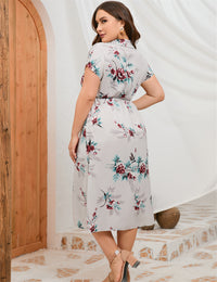 Plus Size Summer Dress Collar Short Sleeve Side Split Mid length Shirt Dress
