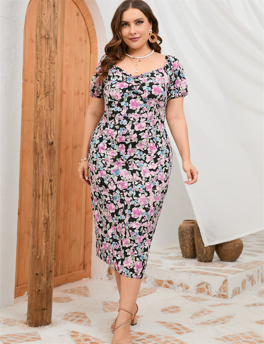 Plus Size Women Summer Puff Sleeve Slim Fit High Waist Hip Dress Rear Split Dress