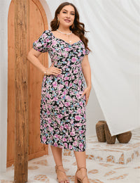 Plus Size Women Summer Puff Sleeve Slim Fit High Waist Hip Dress Rear Split Dress