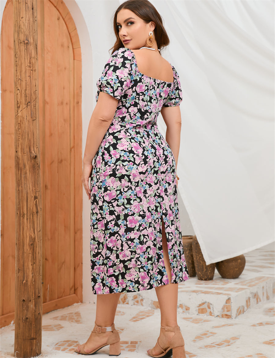 Plus Size Women Summer Puff Sleeve Slim Fit High Waist Hip Dress Rear Split Dress