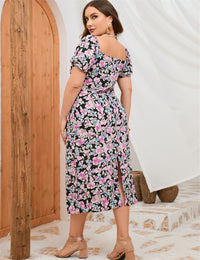 Plus Size Women Summer Puff Sleeve Slim Fit High Waist Hip Dress Rear Split Dress