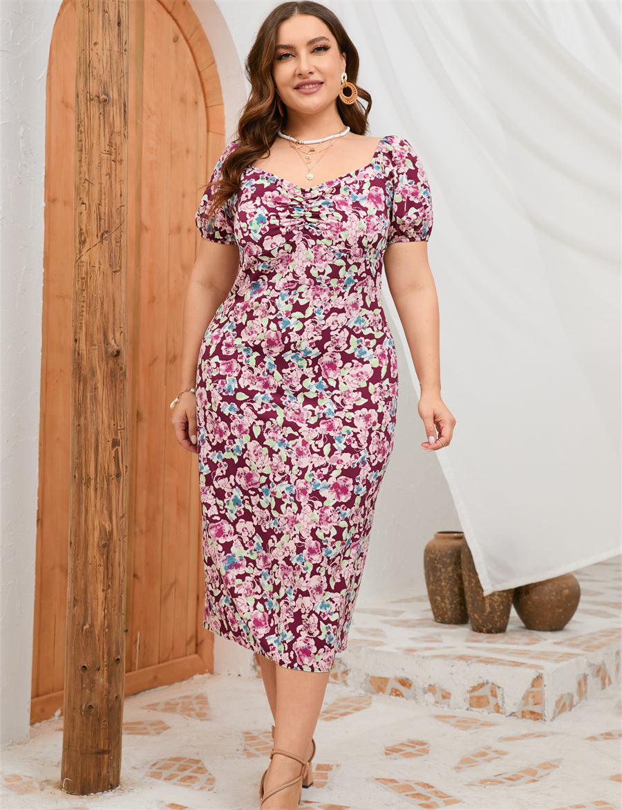Plus Size Women Summer Puff Sleeve Slim Fit High Waist Hip Dress Rear Split Dress