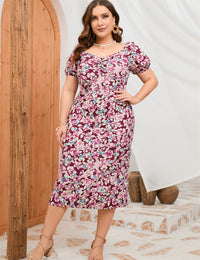 Plus Size Women Summer Puff Sleeve Slim Fit High Waist Hip Dress Rear Split Dress
