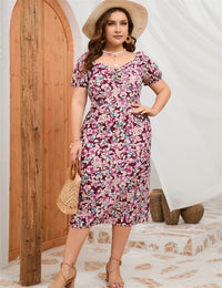 Plus Size Women Summer Puff Sleeve Slim Fit High Waist Hip Dress Rear Split Dress