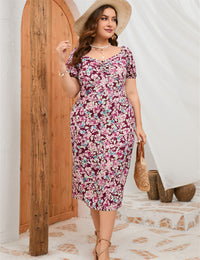 Plus Size Women Summer Puff Sleeve Slim Fit High Waist Hip Dress Rear Split Dress