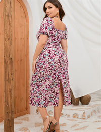 Plus Size Women Summer Puff Sleeve Slim Fit High Waist Hip Dress Rear Split Dress