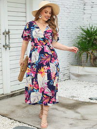 Summer Short Sleeve V Neck Fragmented Flower Dress Super Slim Fit Long Dress Plus Size Women Dress